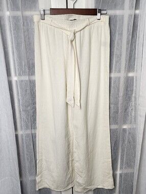 Ambiance Apparel Linen Blend Wide Leg Pants Womens M Cream Flowy Coastal Resort